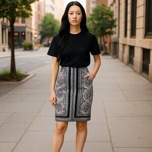 Talbots White Black Blue Floral Paisley Knee Length Stretchy Pencil Skirt 8 NWOT